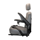 Gray Vinyl Van Seat Assembly for Invacare M71 power chair features a high-back seat with detachable headrest, auto-style seat belt, flip-up adjustable armrests, and a rear pouch.