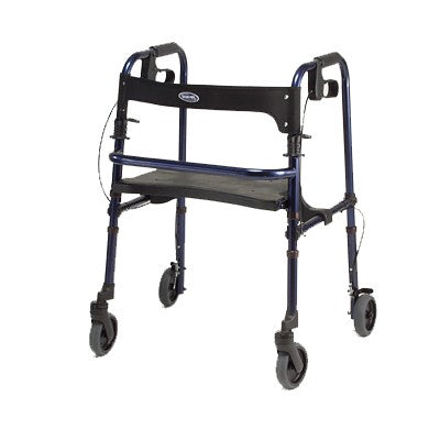 Invacare Rollite Rollator with 5 Wheels featuring flip-up seat, flexible backrest, ergonomic hand brakes, and lightweight aluminum frame for easy folding and transport.