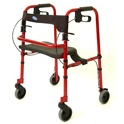 Invacare Rollite Rollator with 5 Wheels -- Electric Red: A red walker featuring a black flip-up seat, ergonomic hand brakes, flexible backrest, and compact folding aluminum frame for easy transport.