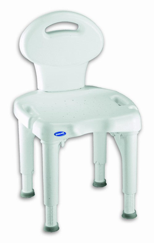 Invacare Shower Safety Frame Chair with Seat Back: A white plastic chair with a contoured seat featuring drainage holes, plastic legs with twist height adjustment, and wide rubber tips for stability.