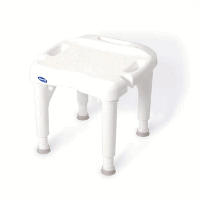 Invacare Shower Safety Frame Chair without Seat Back featuring a white stool with four adjustable twist-lock legs, large contoured seat with drainage holes, and wide rubber tips for stability.