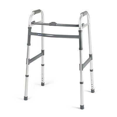 Invacare Single Release Walker for Juniors with ergonomic button, deep wide frame, and composite lower side brace, designed for easy folding and height adjustment, visible close-up of sturdy metal frame and comfortable handgrips.