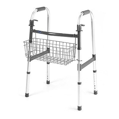 Invacare Walker Basket mounted on a metal walker, featuring a sturdy metal frame and a spacious basket for storage, ideal for light shopping and daily tasks.