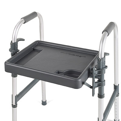 Tray for Invacare Walkers shown on a stand, featuring a close-up view of its metal structure and griddle-like design, ideal for carrying personal items while using compatible Invacare walker models.