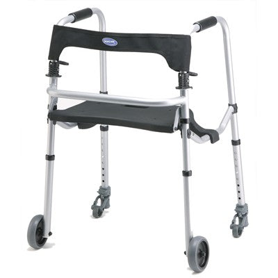 Close-up of the Invacare Walklite Walker for Juniors to Medium Adults, showcasing its flip-up seat, built-in carrying handle, and flexible backrest. The lightweight aluminum frame and ergonomic dual-paddle folding mechanisms are visible.