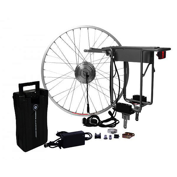 24 Volt 250 Watt Currie Electro-Drive Electric Bike Conversion Kit #4 with Batteries and 26 Front Rim, featuring a close-up of the wheel, cables, and a black bag attached.