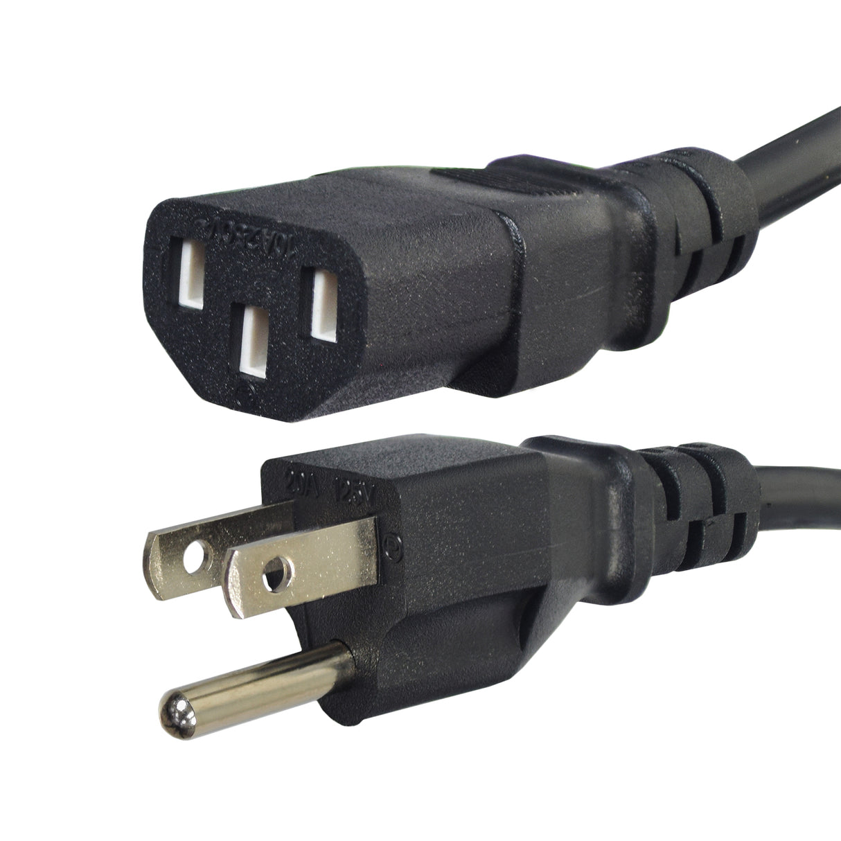 Battery Charger Power Cord (IEC C13) for Mobility Scooters and Power Chairs, showing a close-up of the black 3-pin shroud female connector and silver metal tip.