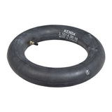 3.50/4.00-10 Inner Tube with an Offset Straight Schrader Valve, featuring a black rubber tube with a slightly off-center valve stem, suitable for 10 rim diameter tires on retro and Euro-scooters.