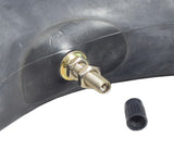 3.50/4.00-10 Inner Tube with an Offset Straight Schrader Valve, featuring a close-up of the tire with a visible metal nut and straight valve stem designed for classic and retro-style scooters.