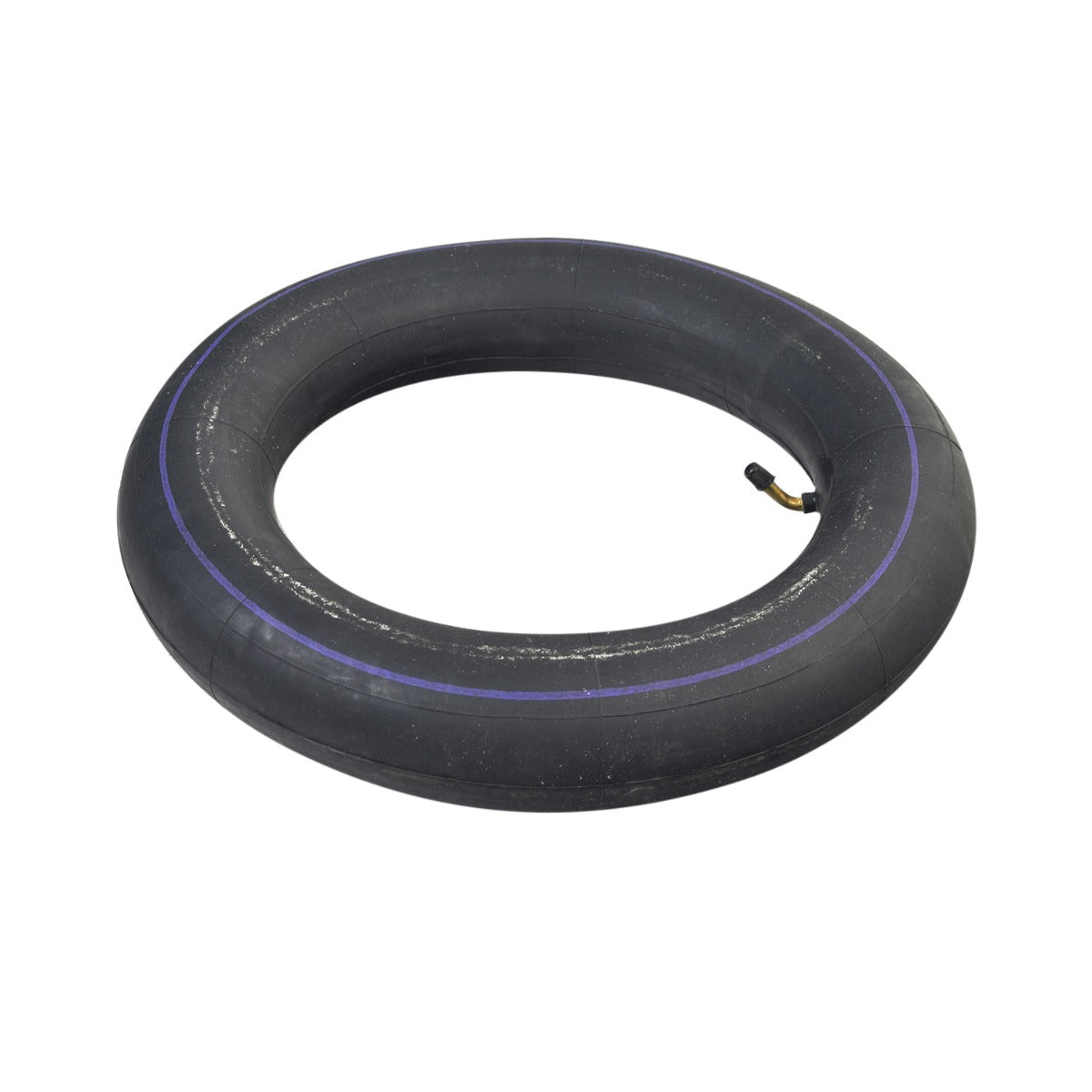 3.50-10 Inner Tube with Angled Valve Stem for scooters, featuring a black rubber construction with blue lines. Suitable for classic and retro-style scooters like Vespas and mobility models like Afikim Afiscooter S3.