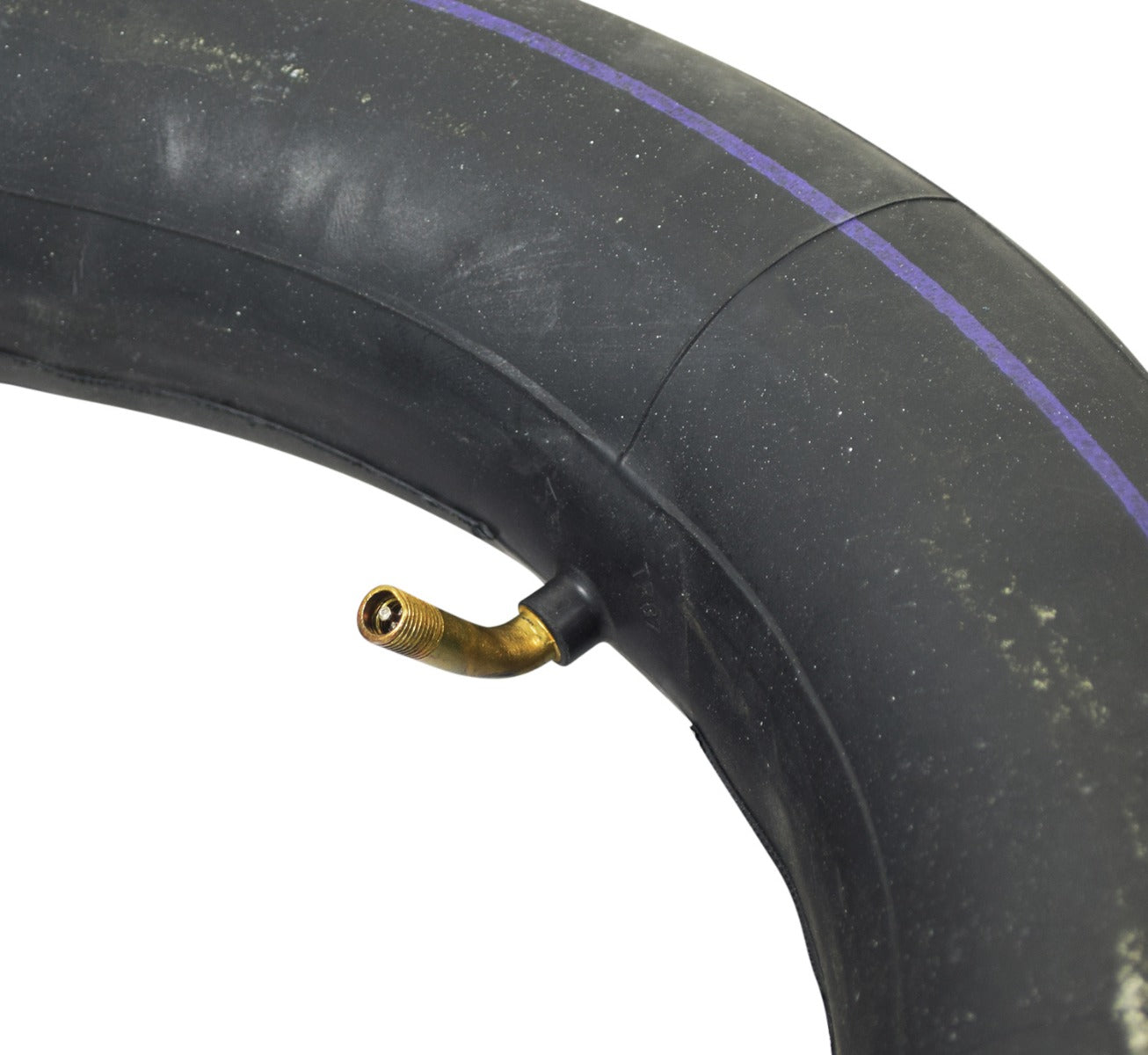 3.50-10 Inner Tube with Angled Valve Stem for scooters, featuring a black rubber tube with a blue line. Ideal for classic Euro-scooters and some modern mobility scooter models.