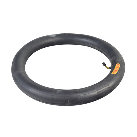 16 x 2.4 (16 x 2.25/2.50) Tube with Angled Valve Stem, featuring a black tire tube marked by a yellow label, ideal for bikes and scooters.