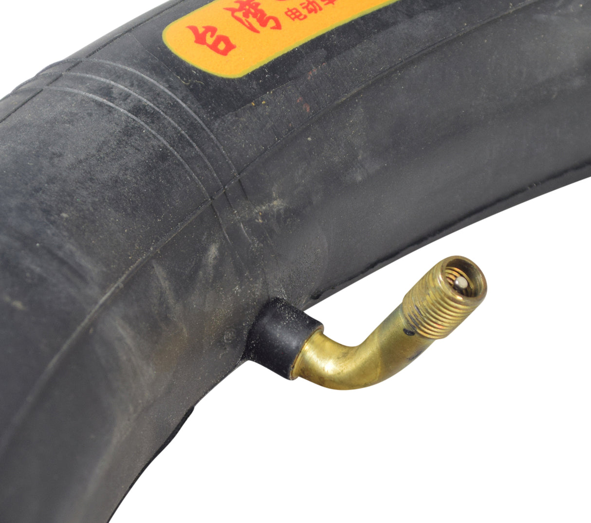 16 x 2.4 (16 x 2.25/2.50) tube with an angled valve stem, featuring a black rubber exterior and brass valve, ideal for bike and scooter inner tube replacements.