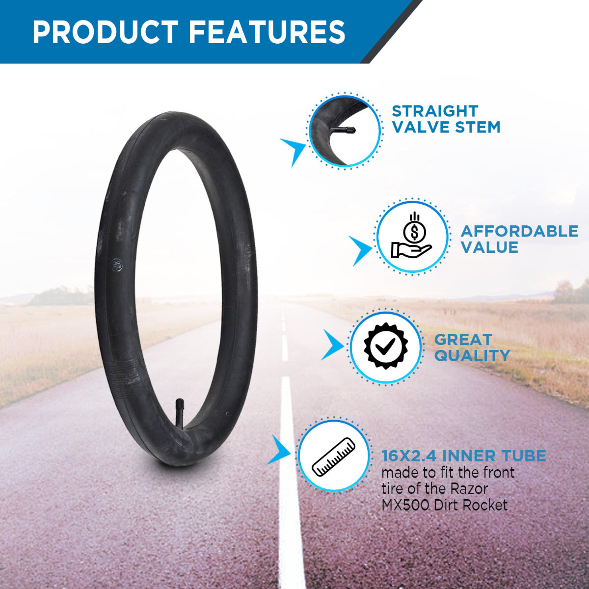 16x2.4 Inner Tube for the Razor MX500 and MX650 Dirt Rocket, shown close-up on a road, highlighting the straight valve stem designed for front tire compatibility with all models.