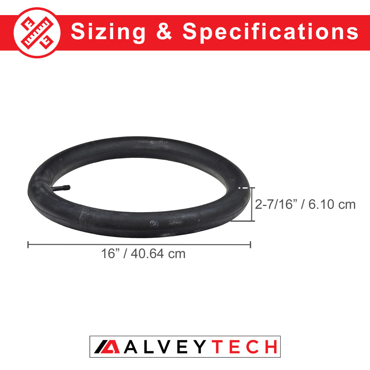 16x2.4 inner tube for the Razor MX500 and MX650 Dirt Rocket, featuring a black rubber ring with visible size measurements and a straight valve stem, designed to fit the front tire.