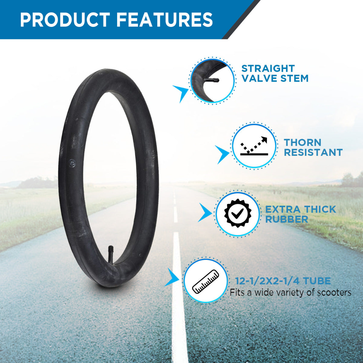 12-1/2x2-1/4 Heavy-Duty Thorn Resistant Scooter Inner Tube with 32mm Straight Valve Stem displayed close-up, highlighting its durable rubber construction designed to prevent punctures.