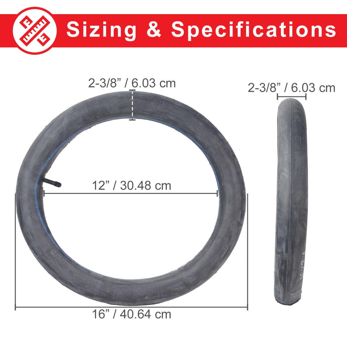 12-1/2x2-1/4 Heavy-Duty Thorn Resistant Scooter Inner Tube with 32mm Straight Valve Stem, featuring visible tire size measurements and chart. Designed for various electric scooters and puncture-resistant with extra-thick rubber.