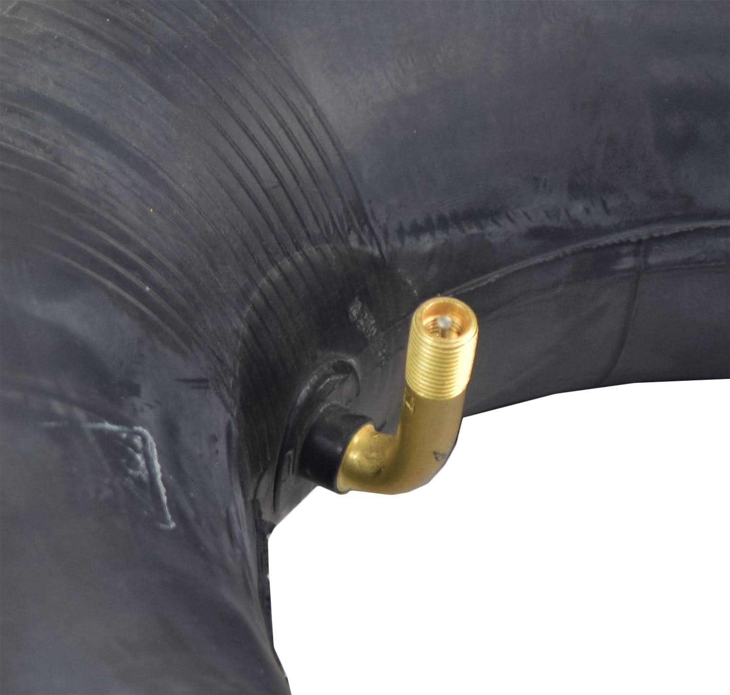 Close-up of the 4.00-5 (13x4, 330x100) Inner Tube for Vintage Mobility Gatsby & Gatsby X Scooters, featuring a black rubber tire with a gold 90-degree angled Schrader valve stem.