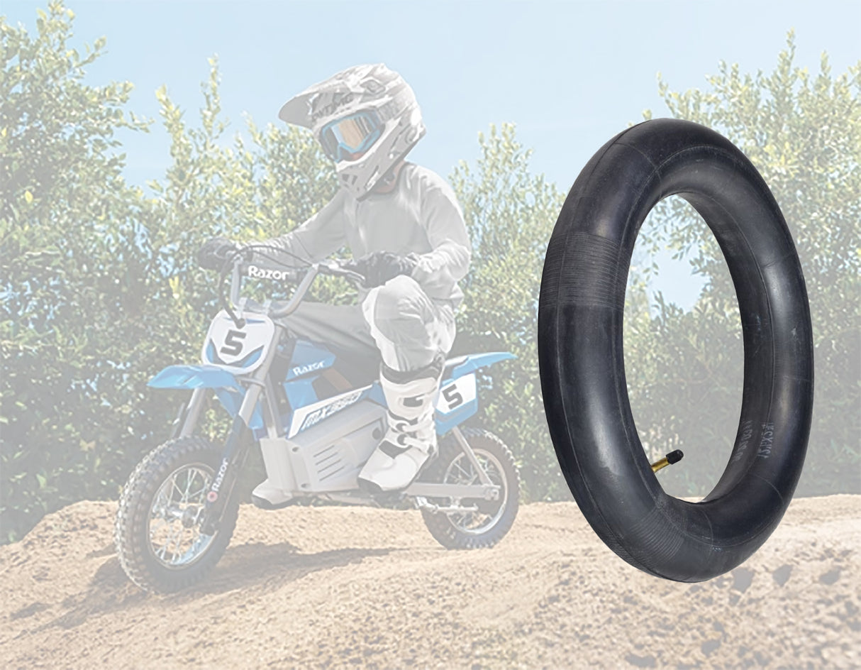 12-1/2 x 3.0 (12-1/2 x 2.25/2.75) Scooter Inner Tube - Heavy Duty Thorn Resistant with Angled Valve Stem, mounted on a dirt bike wheel with visible tread pattern.