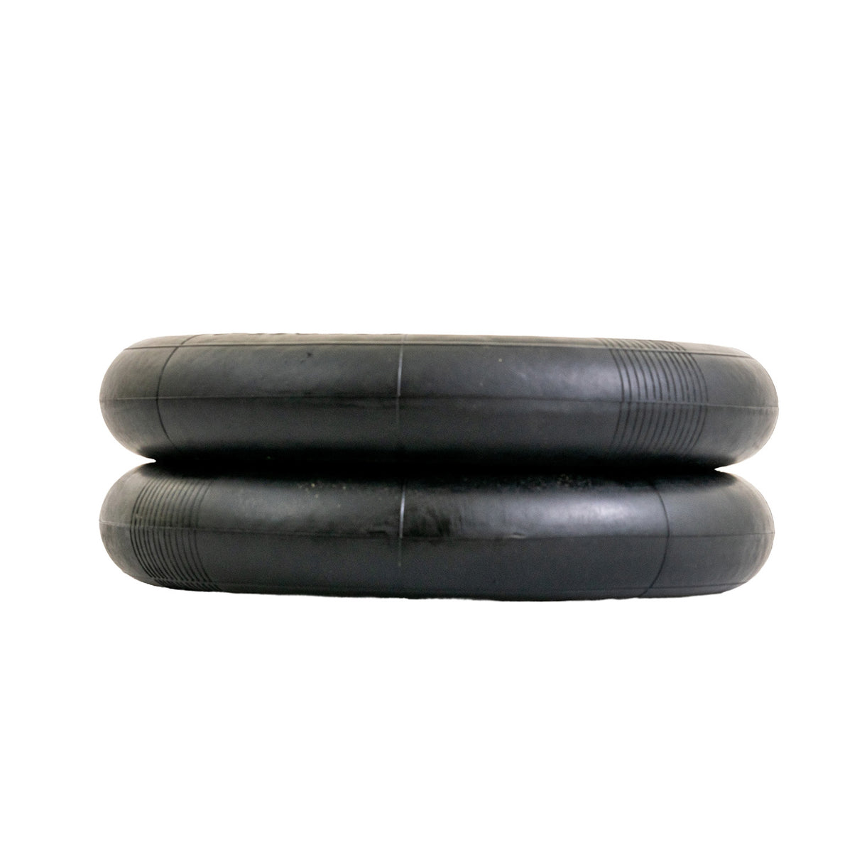 12-1/2 x 3.0 (12-1/2 x 2.25/2.75) Scooter Inner Tube - Heavy Duty Thorn Resistant with Angled Valve Stem; black rubber tube stacked on white background, showcasing thick walls and durable build.