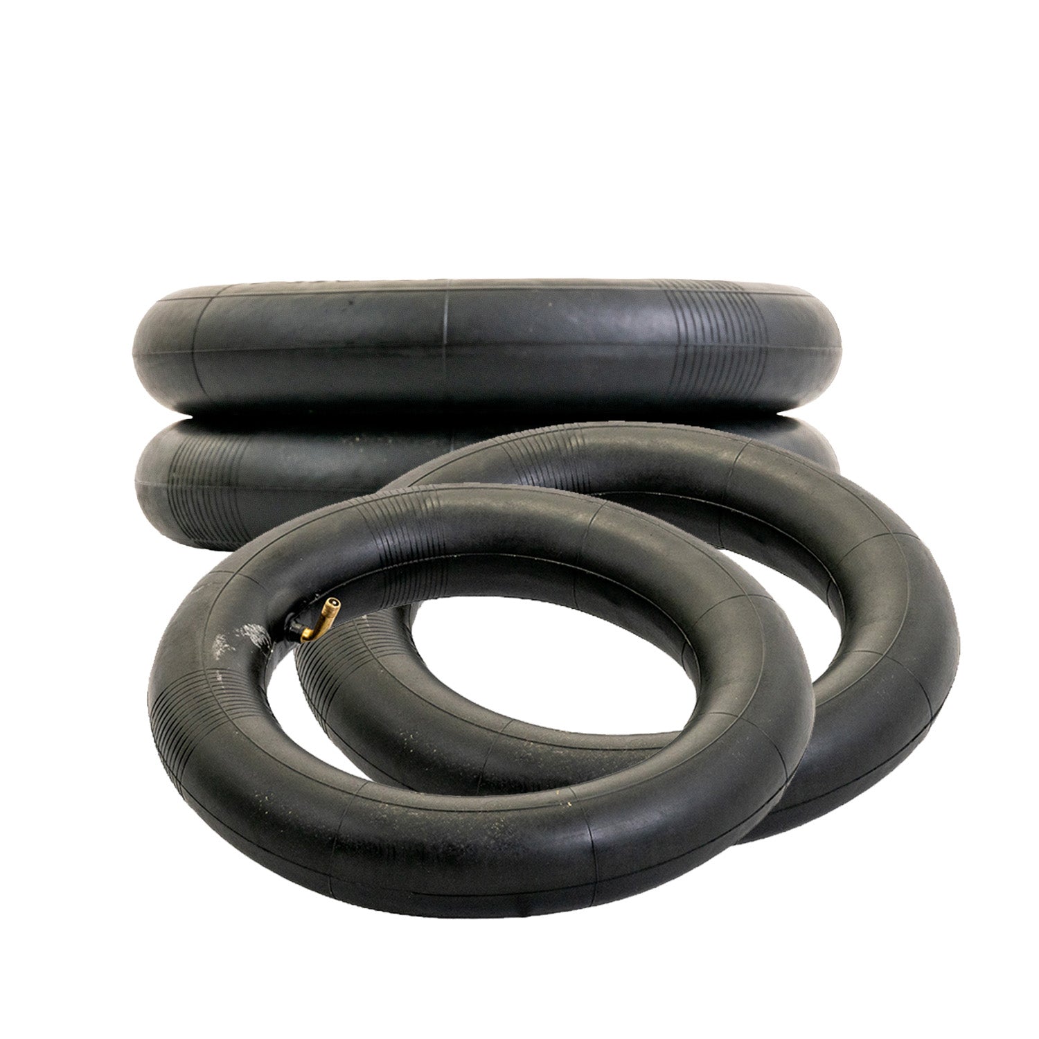 Heavy Duty Inner Tube for Scooters & Power Chairs, featuring a stack of thick black rubber tires with brass valve stems, designed for puncture resistance and compatibility with various mobility devices.