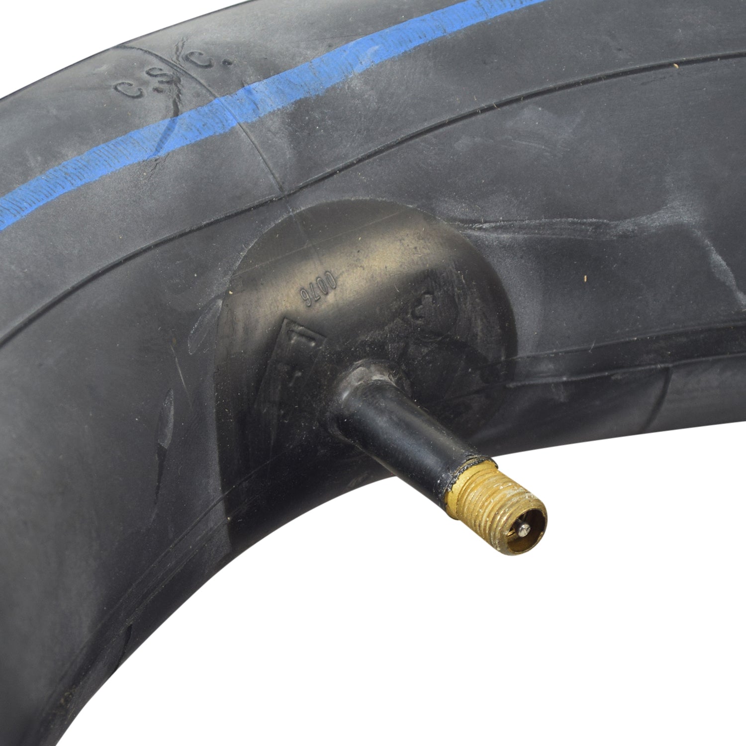 Close-up of a 14x3 (3.00-8) Scooter and Power Chair Tube with a straight valve stem, highlighting the black rubber tire and gold metal tube.