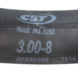 14x3 (3.00-8) Scooter and Power Chair Tube with Straight Valve Stem; a black tire featuring white text, designed for center drive wheels of various Invacare, Jazzy, and other power chair models.