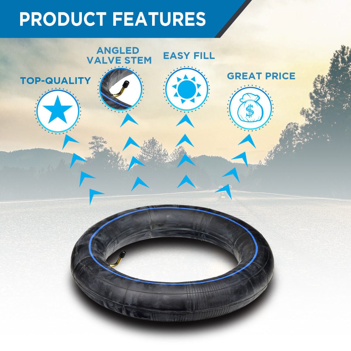 2.75/3.00-10 (90/65-10) Inner Tube for Baja, Honda, Motovox, & Razor Dirt Bikes, featuring a black rubber tube with blue text and lines, perfect for various dirt bike models.