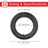 2.75/3.00-10 (90/65-10) Inner Tube for Baja, Honda, Motovox, & Razor dirt bikes shown with measuring tape around the tire, highlighting measurement accuracy and compatibility with various dirt bike models.