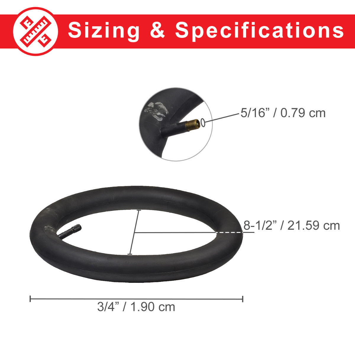 12-1/2 x 2-1/4 Scooter Inner Tube with Straight Valve Stem, black rubber, close-up of valve, suitable for various e-scooters like Razor and GT, shown with measurements and tire removal instructions.