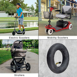 200x50 (8x2) Scooter Inner Tube with Angled Valve Stem, shown in a collage with various scooters and a tire. Perfect for electric scooters, mobility scooters, and utility carts.