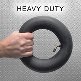 Hand holding a 200x50 (8x2) scooter inner tube with angled valve stem, suitable for electric scooters, mobility scooters, hand carts, and utility carts.