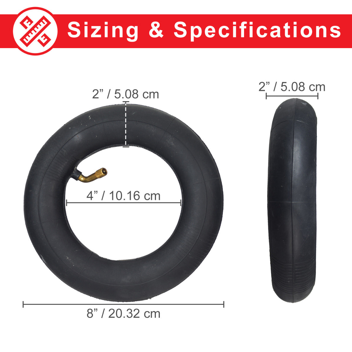 200x50 (8x2) Scooter Inner Tube with Angled Valve Stem, shown close-up. Ideal for electric scooters, mobility scooters, hand carts, and utility carts. Features a black tire with a brass valve.