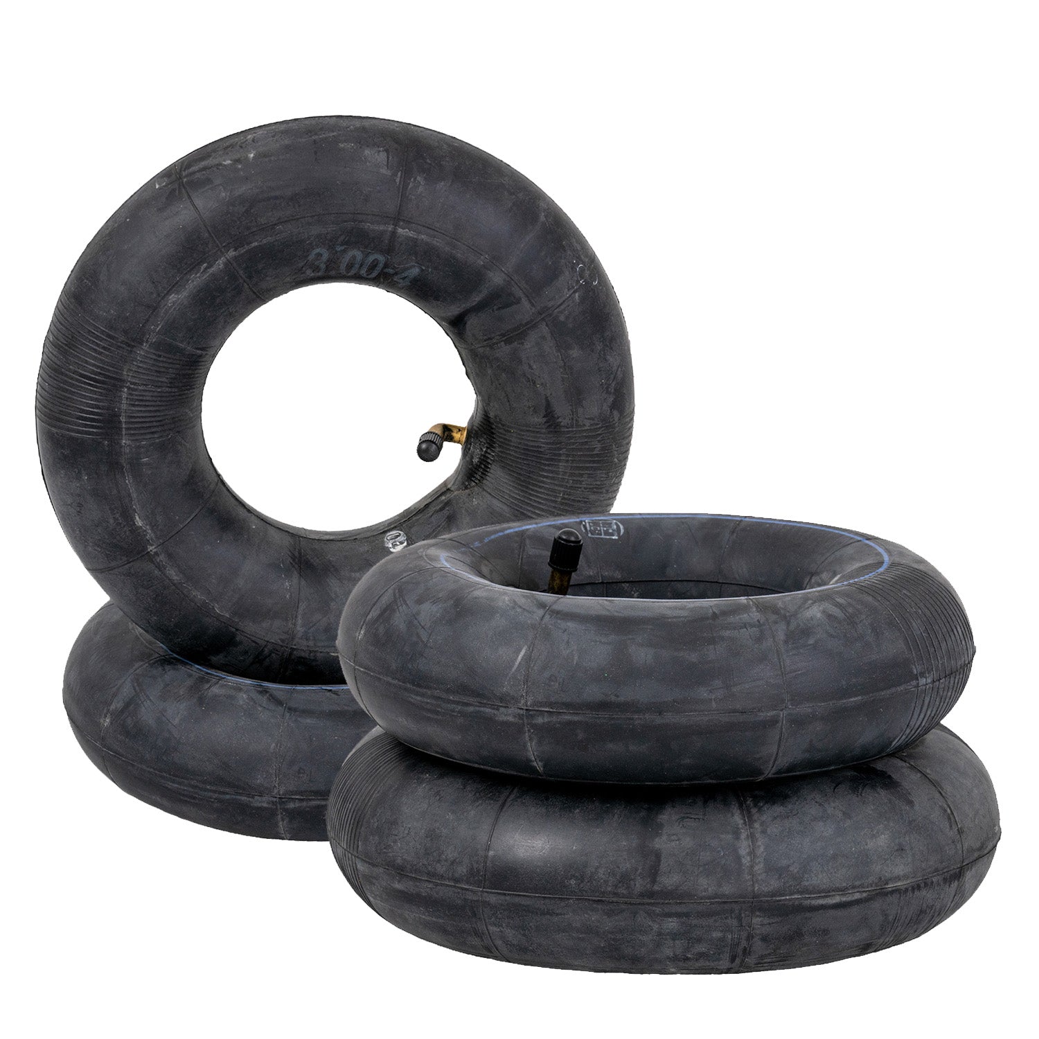 Stack of 4.10/3.50-4 Knobby Tires for Super Turbo 800 Elite & 1000 Elite Scooters, highlighting the tire’s rugged tread design suitable for scooters and mini ATVs, with an optional inner tube and angled valve.