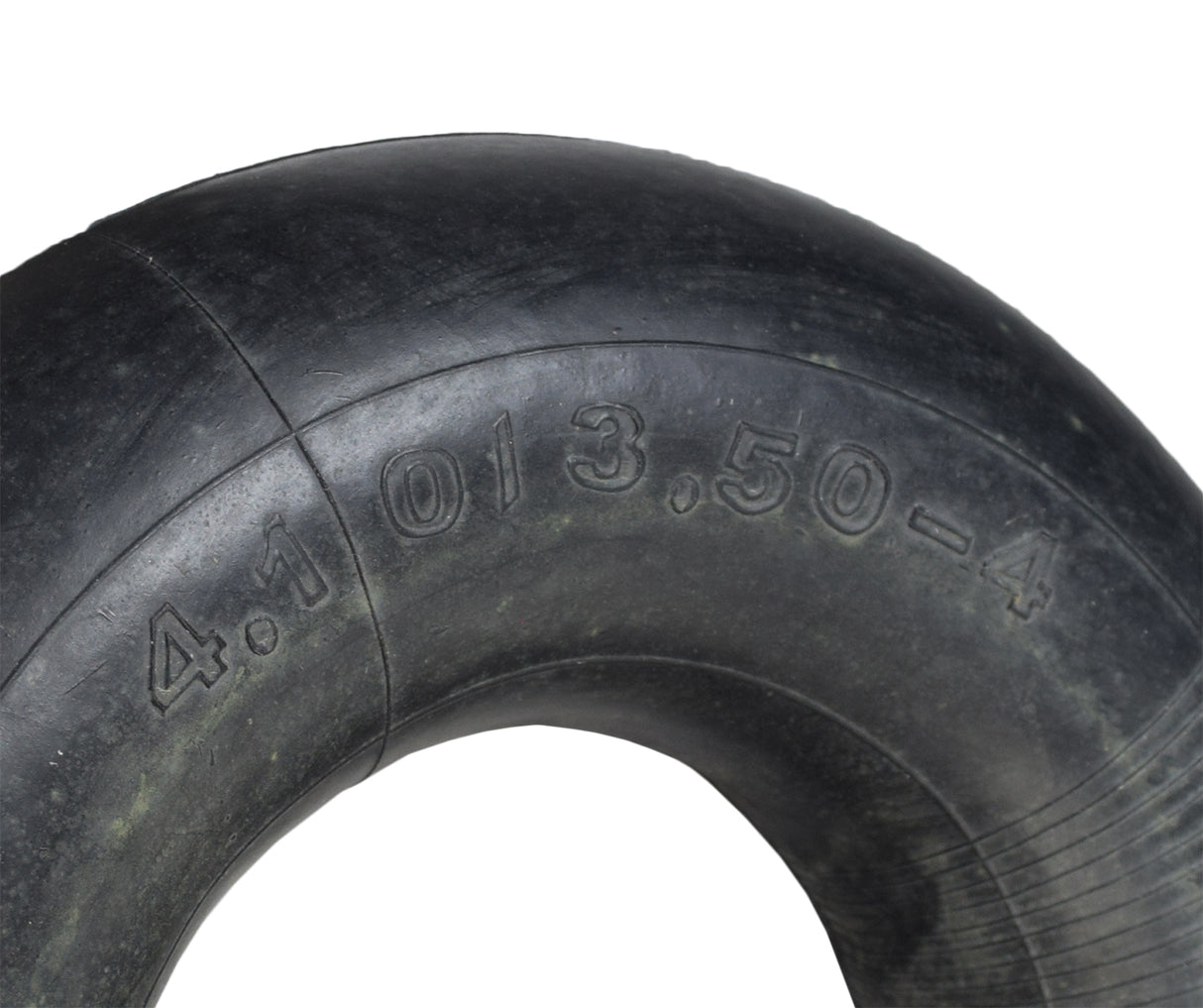 4.10/3.50-4 Tire and Tube Set with Knobby Tread for Scooters and Mini ATVs, featuring an aggressive tread pattern and numbers etched on the black rubber surface, bundled with an inner tube.