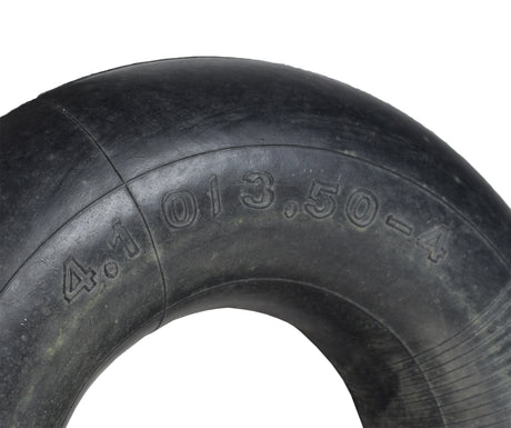 4.10/3.50-4 Mini BMX Inner Tube, a black rubber tire, shown with numbers and symbols engraved on the surface, suitable for Fatboy, Venom mini BMX bikes, go-karts, and gas-powered scooters.