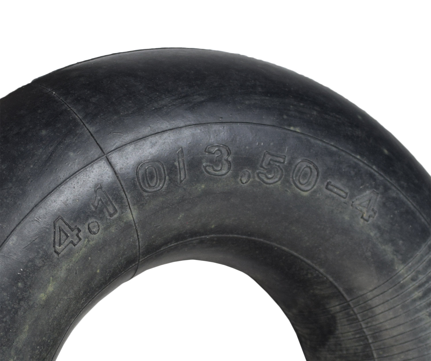 4.10/3.50-4 Inner Tube for the Venom Mini BMX Bike, shown as a close-up of a black rubber tire with embossed numbers, suitable for go-karts and gas-powered scooters.