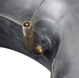 Close-up of a 13x6.50-6 scooter inner tube with a 90° angled valve stem, highlighting the tire's texture and the metal valve stem prominently.