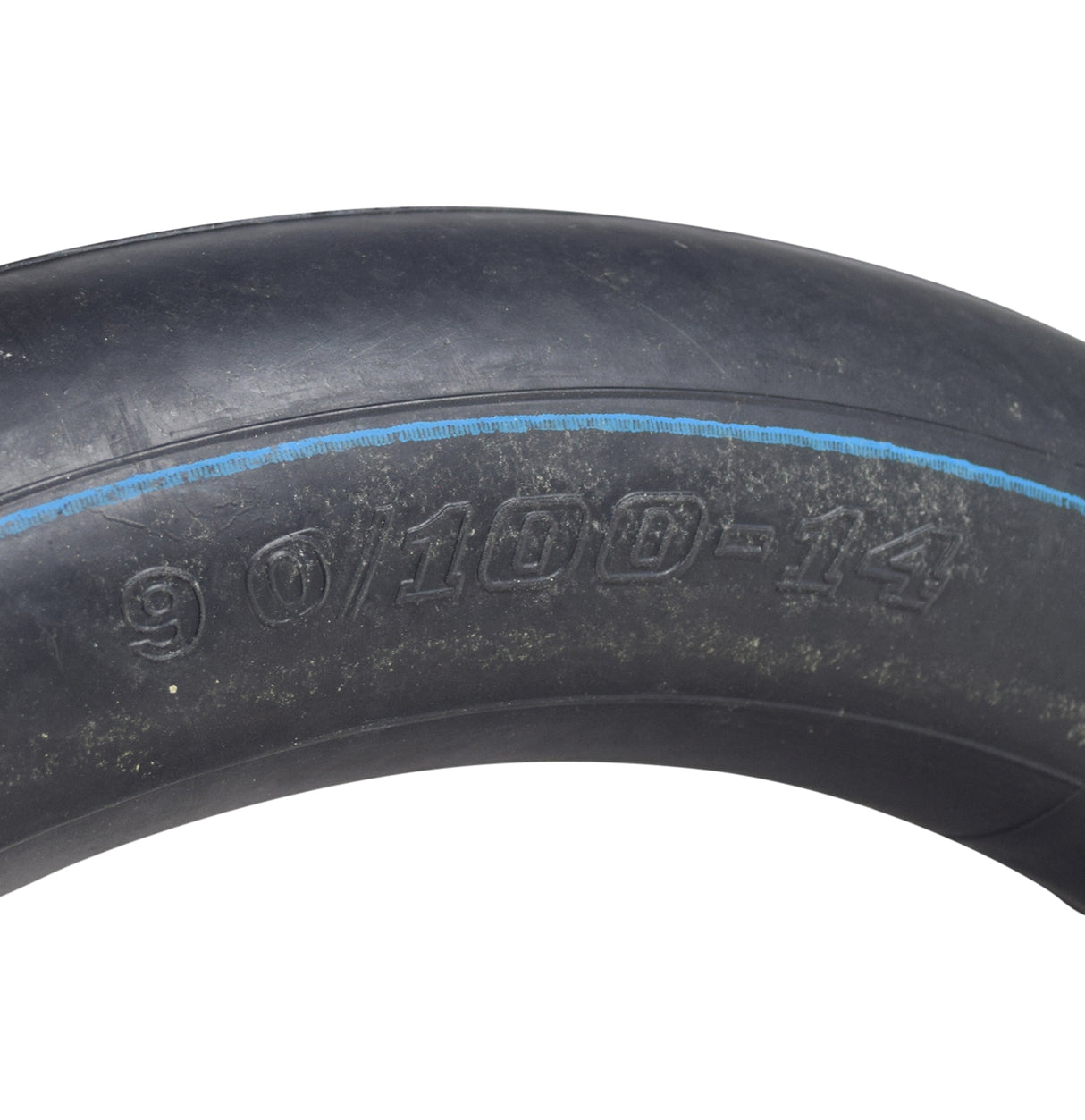 Close-up of 90/100-14 (3.00-14) Inner Tube for Dirt Bikes, showing tread detail and compatibility logos for brands like Baja Motorsports, Coolster, and Tao Tao.