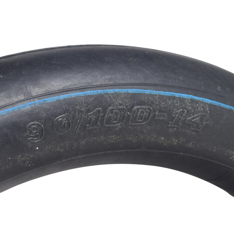 Close-up of 90/100-14 (3.00-14) Inner Tube for Dirt Bikes, showing tread detail and compatibility logos for brands like Baja Motorsports, Coolster, and Tao Tao.