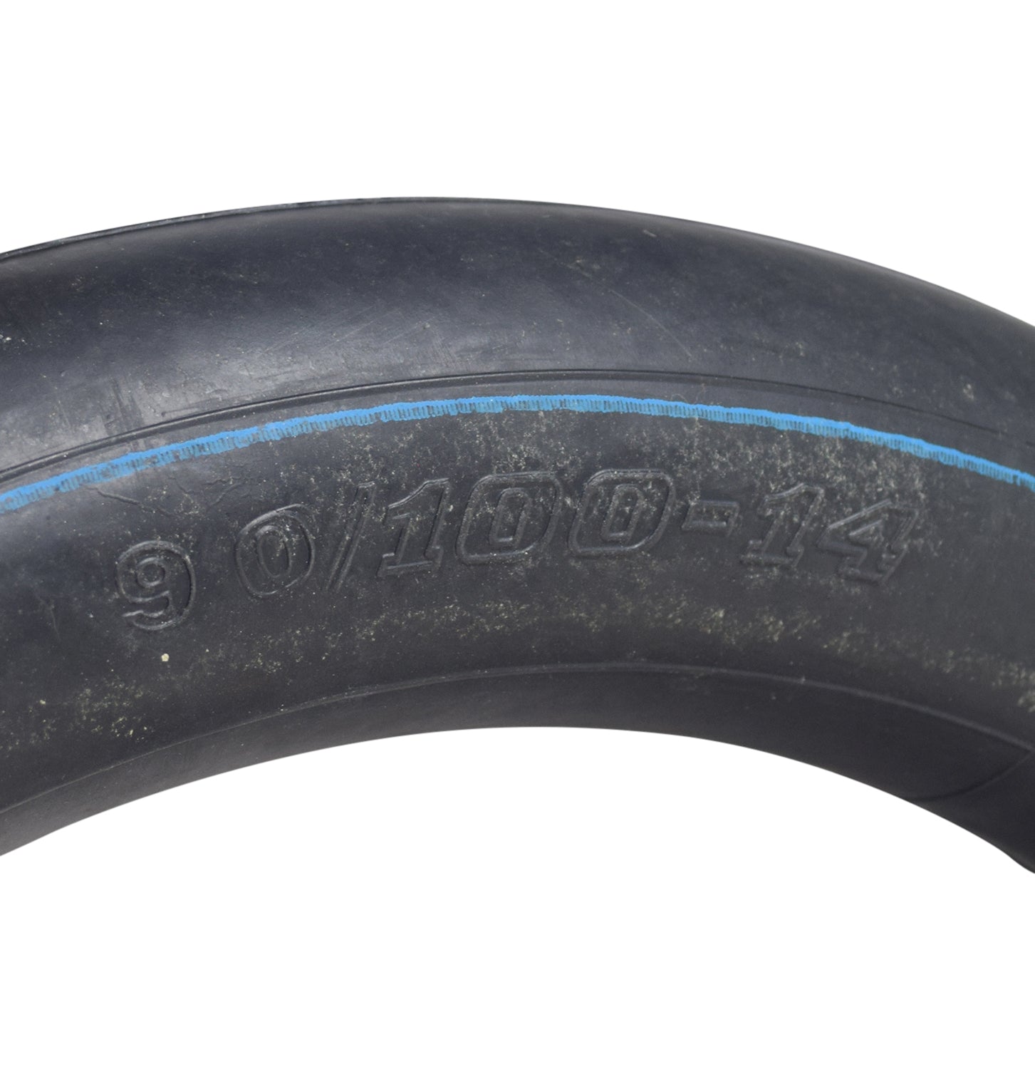 Close-up of 3.00/4.10-14 (90/100-14) Dirt Bike Tire & Tube Set, showcasing detailed tread pattern and sidewall logos, designed for various electric and gas-powered dirt bikes.