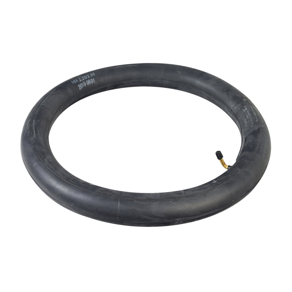 16x2.50 Inner Tube with Angled Valve Stem, featuring a close-up of the black tire surface and the yellow angled valve stem, ideal for tight spaces, especially on rear wheels with mounted sprockets.