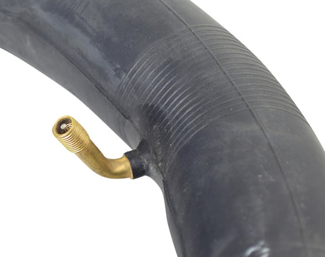 16x2.50 Inner Tube with Angled Valve Stem, featuring a black rubber tube and brass valve stem, designed for tight spaces like rear wheels with mounted sprockets.