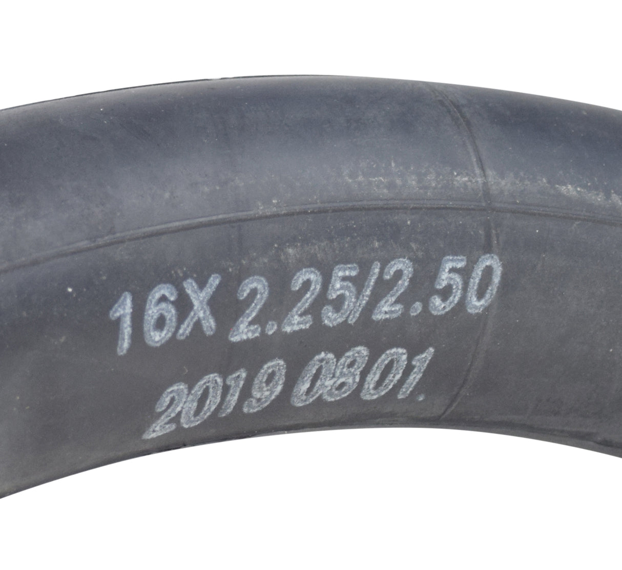 16x2.50 Inner Tube with Angled Valve Stem, featuring visible numbers and an angled valve stem, ideal for tight spaces such as rear wheels with mounted sprockets.