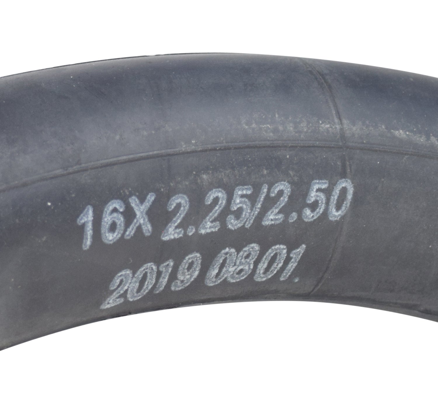 16x2.50 Inner Tube with Angled Valve Stem for eWheels EW-36 & EW-36 Elite Scooters, showing a close-up of the black rubber tube with visible numbers and letters.