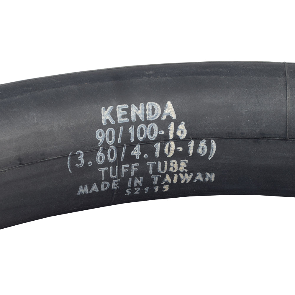 Black rubber tube with white text, labeled 16x3.25/3.50 (90/100-16) Inner Tube for Baja Dirt Runner DR125, DR150, and X250 Dirt Bikes, featuring a straight valve stem for rear tires.