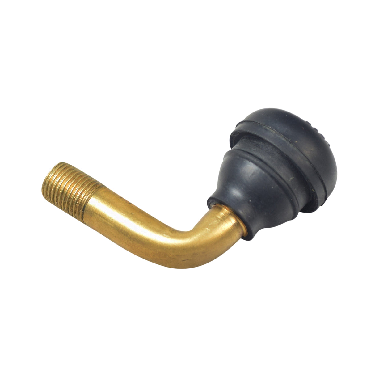 Bent Valve Stem for Tubeless ATV, Dirt Bike, & Scooter Tires; close-up shows a black rubber body with a gold tip and brass pipe, highlighting the angled design for easy tire access.