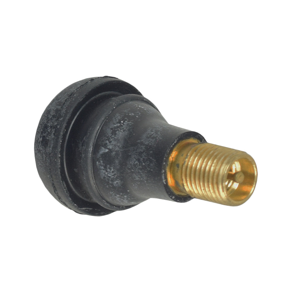 Straight Valve Stem for Tubeless ATV, Dirt Bike, & Scooter Tires - close-up of a black and gold metal connector, ideal for various tubeless rims with a 15mm stem mount diameter.