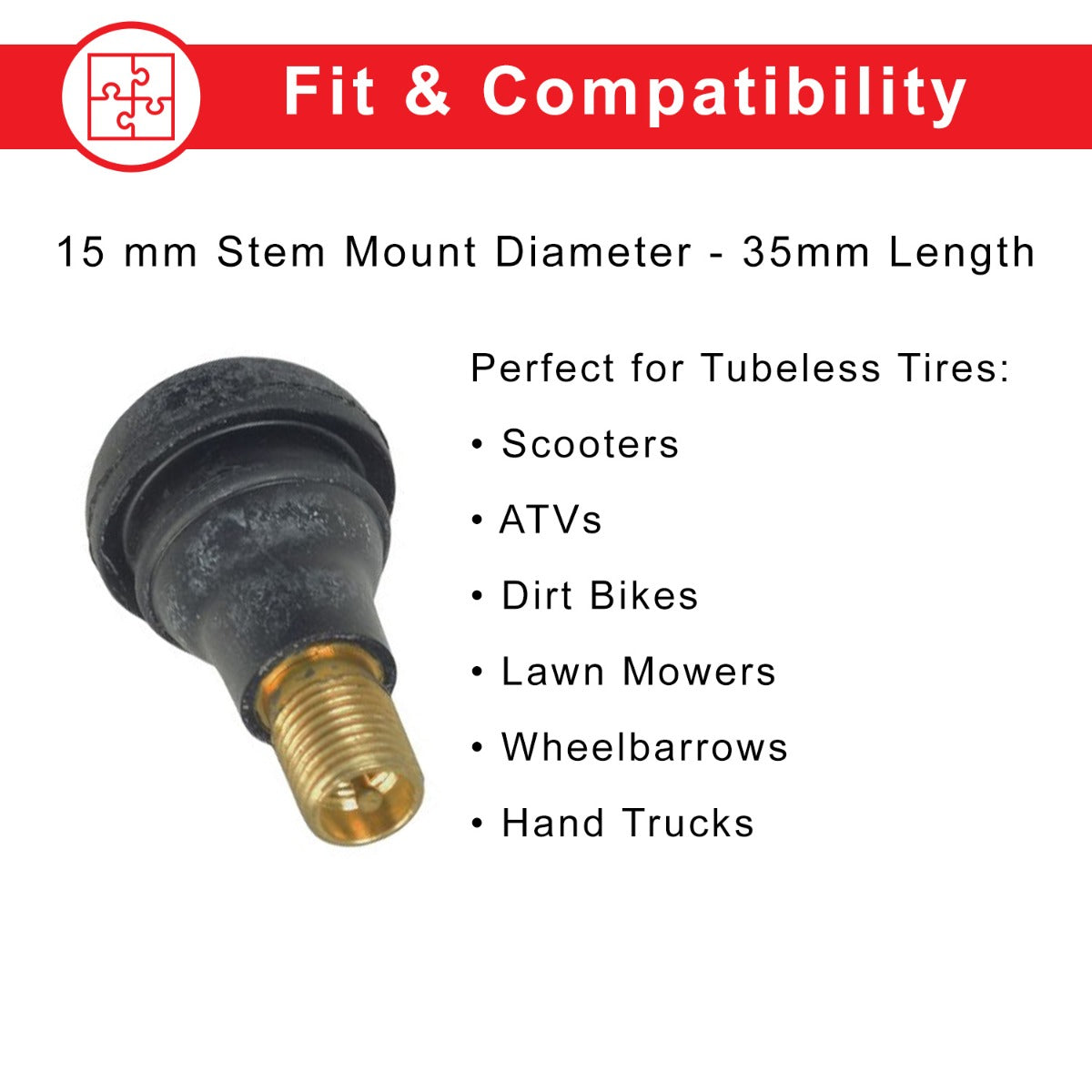 Straight Valve Stem for Tubeless ATV, Dirt Bike, & Scooter Tires, featuring a black stem with gold threading and a black rubber base with gold metal components, suitable for various tubeless rims.