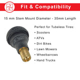 Straight Valve Stem for Tubeless ATV, Dirt Bike, & Scooter Tires, featuring a black stem with gold threading and a black rubber base with gold metal components, suitable for various tubeless rims.